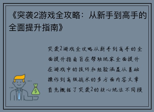 《突袭2游戏全攻略：从新手到高手的全面提升指南》